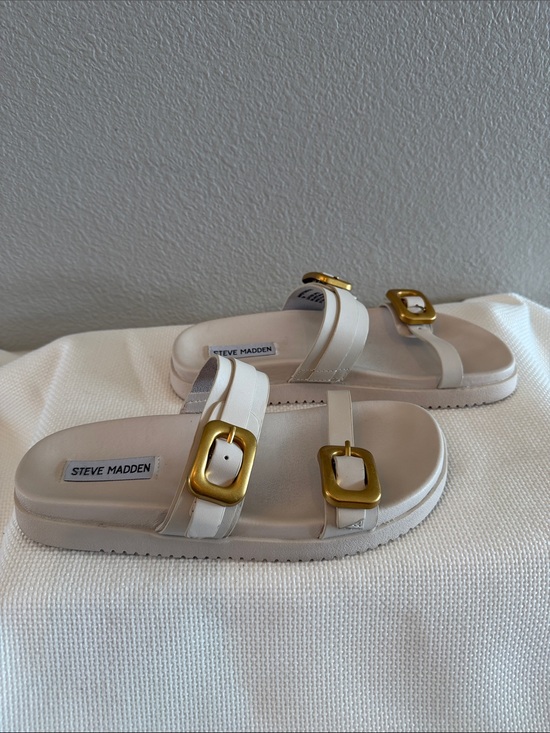 Steve Madden Margey Sandal - Free Shipping | DSW Steve Madden  Margey Sandals Size 7 in Bone Gold Tone Buckles Minimalist Casual